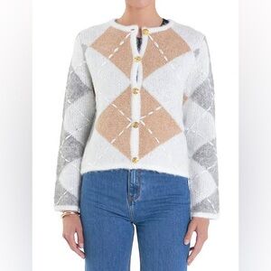 English Factory Argyle Crop Cardigan with Gold Buttons NWT